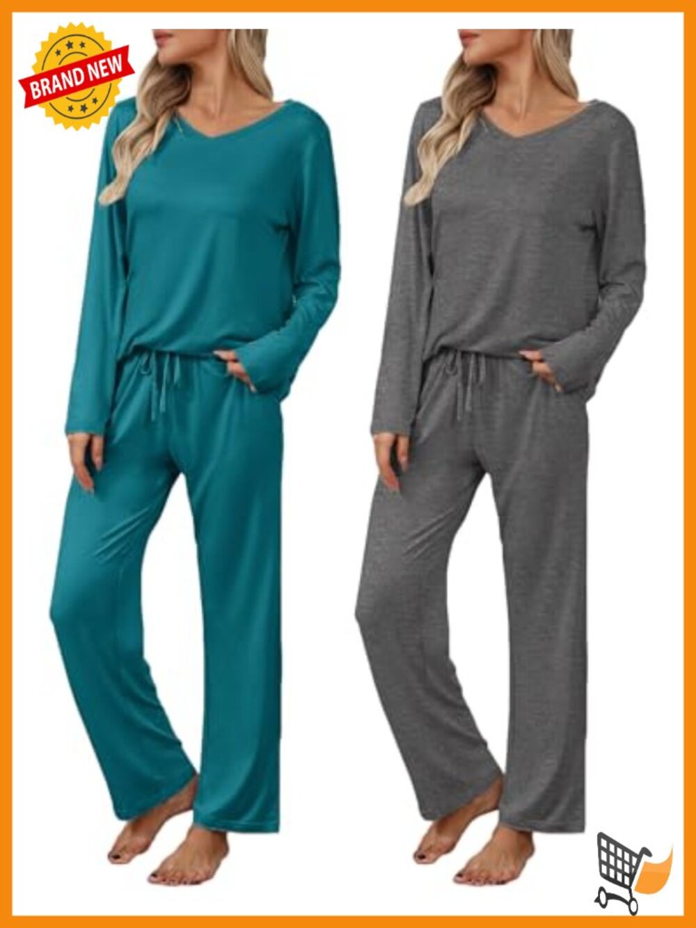 2 Pc Long Sleeve V Neck Pajama Sets Soft Stretch Lounge